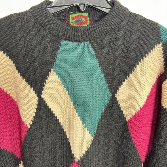 VTG 90s Boston Traders Men's Sweater Large Black 100% Wool Color Block Crewneck - Picture 12 of 13